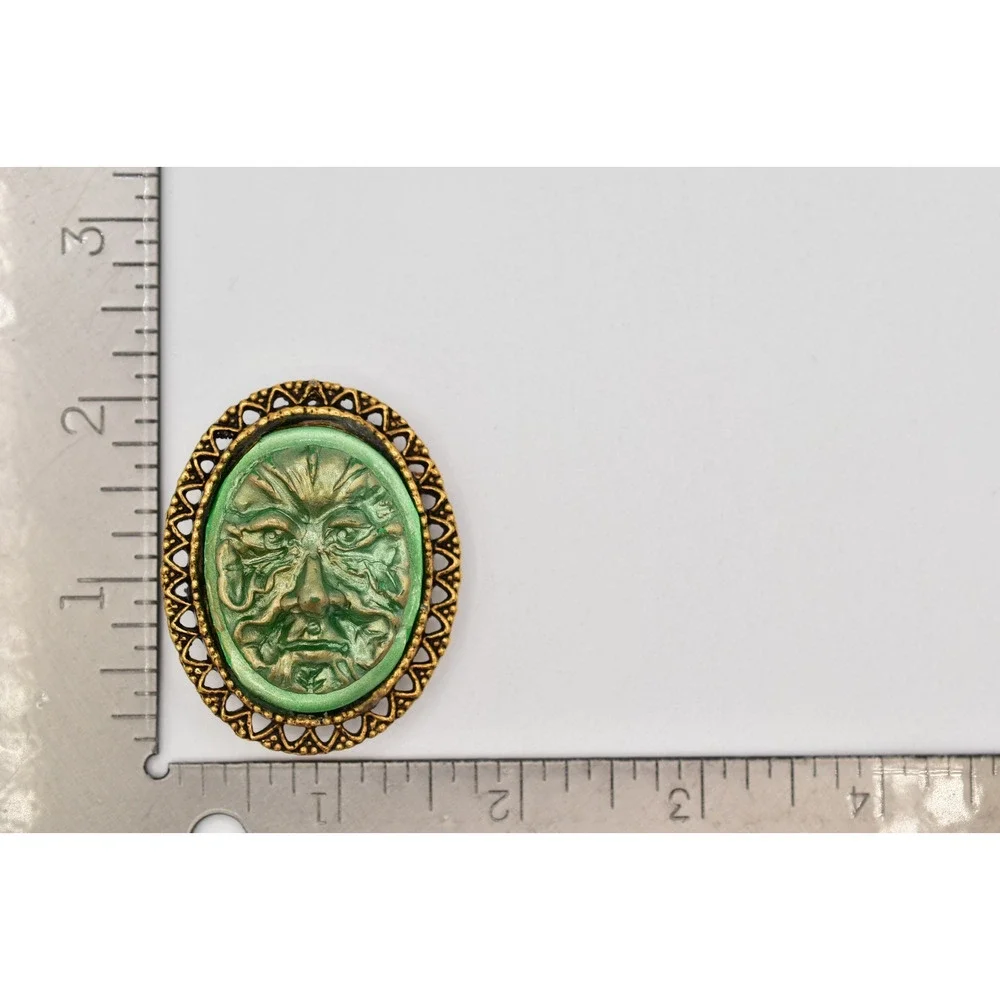 Vintage Abstract Face Pin Brooch Ancient Green Molded Resin Antiqued Gold BinAL